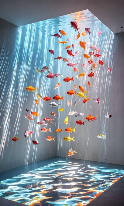 An artistic installation in a room corner features colorful translucent fish sculptures suspended from the ceiling, with shimmering light projections mimicking water ripples on the walls and floor, creating the illusion of an underwater scene.