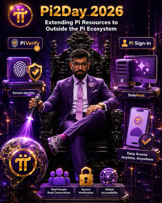 Pi2Day 2026 promotional graphic featuring a man in a purple suit seated on an ornate throne, surrounded by feature icons including "Pi Verify," "Secure Identity," "Pi Sign-In," "SoloHost," and "Easy Access Anytime, Anywhere," highlighting Pi Network's new tools to extend Pi Resources outside the Pi Ecosystem.