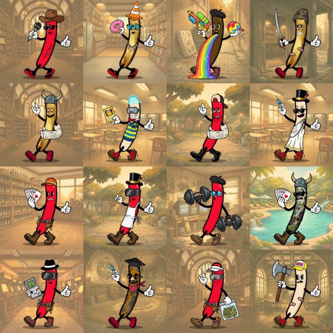 A 4x4 grid of cartoon hot dog/sausage characters with various outfits and accessories (cowboy, traffic cone hat, unicorn, Viking, unicorn, propeller hat, top hat, card player, chef, weightlifter, Viking horns, fedora, graduation cap, Santa, miner) each giving a thumbs up in themed backgrounds.