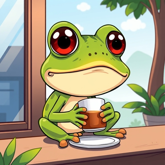 A cartoon frog with big red eyes sits at a windowsill, sipping from a coffee cup beside a small plate. The relaxed, cheerful frog mirrors the friendly tone of the $RIBBIT post, reinforcing the wholesome, inviting vibe of the ecosystem promotion.
