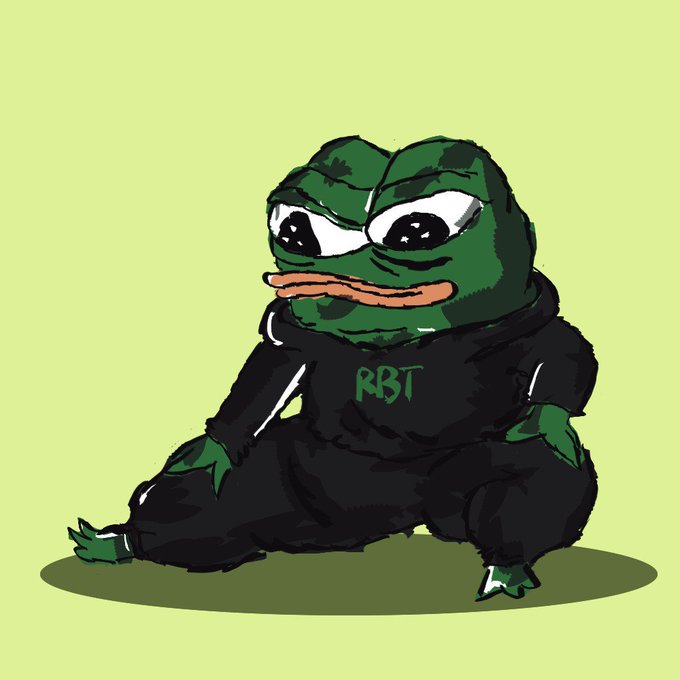 An illustration of the 'sad Pepe' frog meme wearing a black hoodie with green 'RBT' lettering, sitting against an olive-green background.