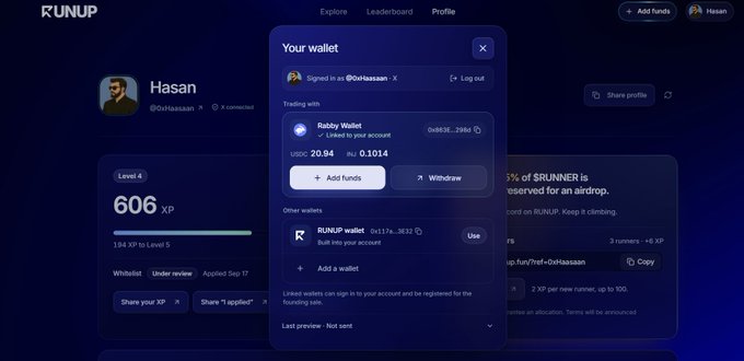A profile page for 'Hasan' (@0xHasaan) on the RUNUP platform showing Level 4, 606 XP, and a wallet popup displaying a USDC balance of 20.84 and a RUNUP wallet address.