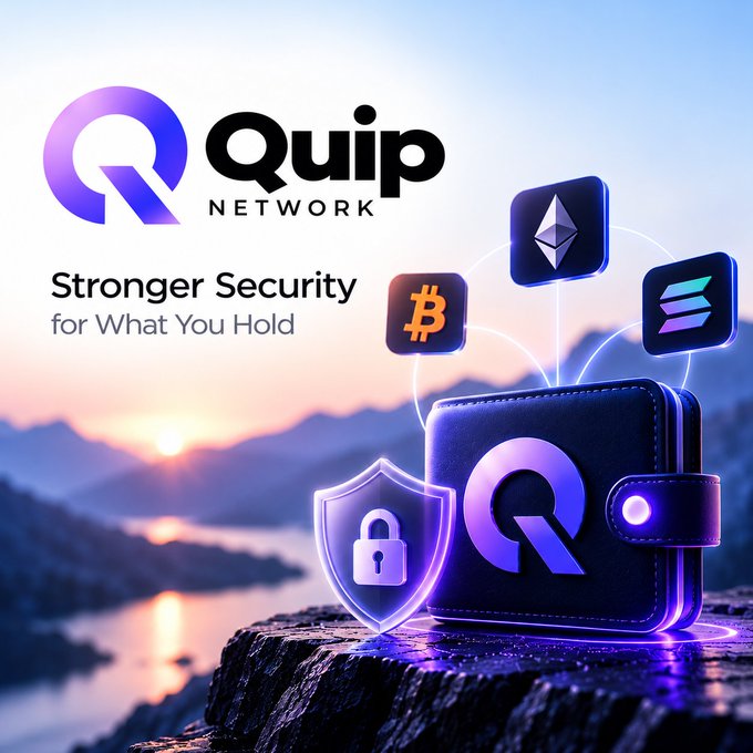 A promotional graphic for "Quip Network" with the tagline "Stronger Security for What You Hold," showing a crypto wallet alongside icons for Bitcoin, Ethereum, and Solana.