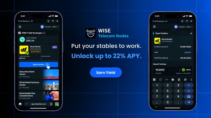 A promotional advertisement for Wise Telecom Nodes displaying two phone screens with crypto yield investment options, showing 'Put your stables to work. Unlock up to 22% APY.' with World Mobile and RWA Yield Strategies.
