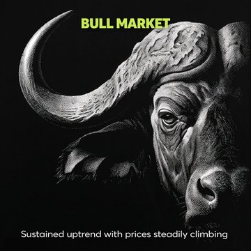 A graphic titled 'BULL MARKET' features a detailed black-and-white illustration of a bull's head with the caption 'Sustained uptrend with prices steadily climbing'.