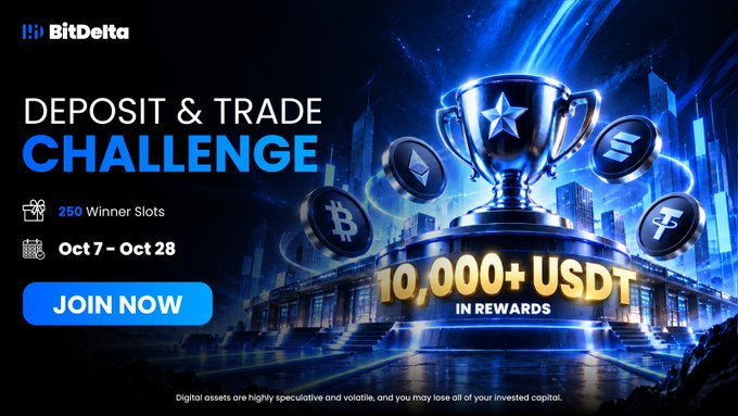 BitDelta's "Deposit & Trade Challenge" promotional banner offering 10,000+ USDT in rewards across 250 winner slots, running from Oct 7 to Oct 28, featuring a glowing trophy surrounded by cryptocurrency icons including Bitcoin, Ethereum, and Solana.