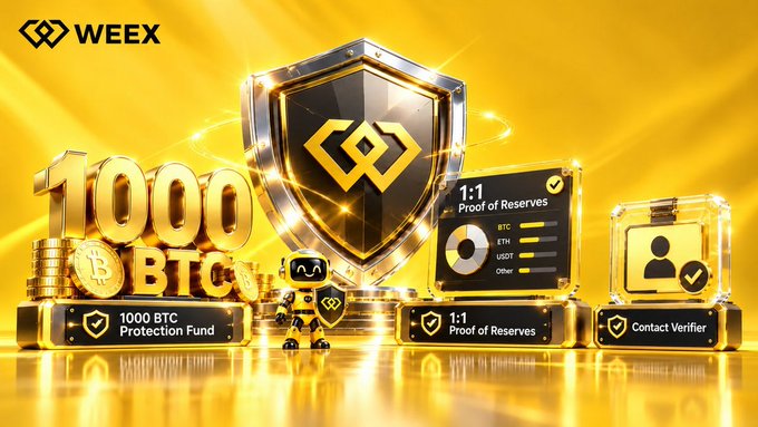 A WEEX cryptocurrency promotional banner features a golden shield, '1000 BTC' text, and a robot mascot, highlighting a '1000 BTC Protection Fund', '1:1 Proof of Reserves' for BTC, ETH, USDT and other assets, and a 'Contact Verifier' feature.