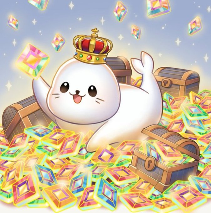 An illustration shows a cute white seal-like creature wearing a gold and red crown, sitting atop piles of colorful crystals and treasure chests.