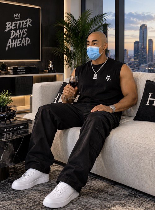 A man wearing a blue face mask, black sleeveless top, and silver chain sits on a couch holding a glass of red wine, with a framed sign reading "BETTER DAYS AHEAD" and a cityscape visible through the window behind him.