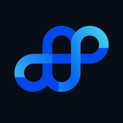A blue gradient logo on a dark gray background, featuring a stylized, continuous looping design resembling interconnected infinity symbols or a knot.