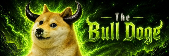 The banner features a Shiba Inu dog adorned with demonic bull horns and a nose ring against a vibrant green background, with bold gothic text reading "The Bull Doge"—matching the $BULLDOGE Solana token name referenced in the post.