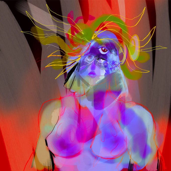 A vibrant, stylized digital illustration of a figure with multicolored hair, glasses, and a third eye, rendered in purple, pink, red, and yellow tones against a red background.
