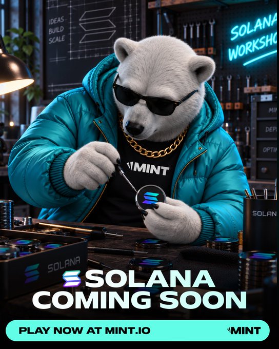 A promotional graphic for MINT.io featuring a polar bear in sunglasses and a teal puffer jacket working at a 'SOLANA WORKSHOP,' with text 'SOLANA COMING SOON – PLAY NOW AT MINT.IO'.