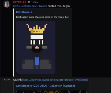 A tweet from CLYALEX showing a pixel art NFT called 'Cats Brokers' depicting a cat in a suit with a gold crown, referencing 'Cool cats in suits. Stacking coins on the meow-ket.' with an OpenSea collection link.