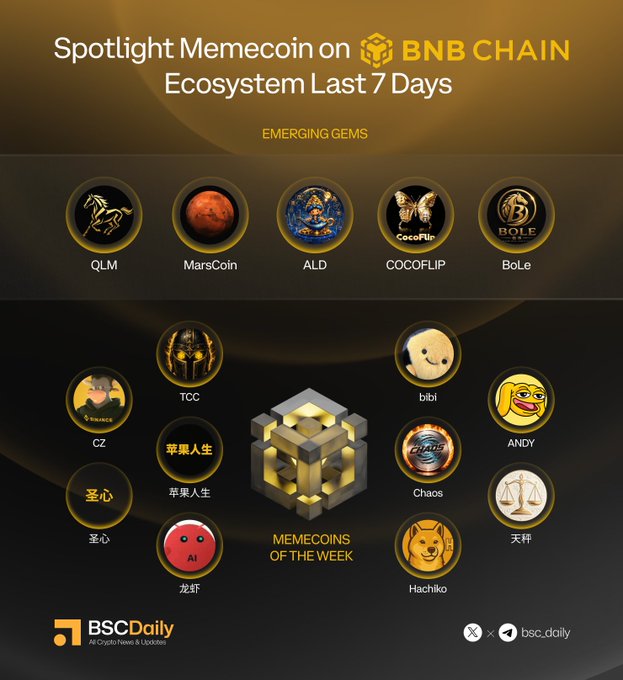 The image is a promotional graphic from BSC Daily titled "Spotlight Memecoin on BNB CHAIN Ecosystem Last 7 Days," featuring two categories: "Emerging Gems" (QLM, MarsCoin, ALD, COCOFLIP, BoLe) and "Memecoins of The Week" (TCC, bibi, CZ, ANDY, 苹果人生, Chaos, 圣心, 天秤, 龙虾, Hachiko), each represented by their logos around a central gold cube emblem, with the BSC Daily logo and social handles (@bsc_daily) at the bottom.