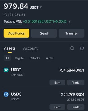 A Binance wallet screenshot displays a balance of 979.84 USDT (+121,039.51) with today's PNL at +0.00%, showing holdings of 754.58440491 USDT and 224.7053304 USDC. The image illustrates the user's modest balance, contrasting with their hopeful question about KaitoAI's InfoFi program potentially boosting their portfolio to 10k dollars.