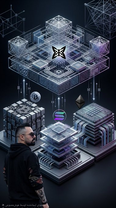 A digital artwork depicting a man with sunglasses and tattoos looking at glowing, futuristic crystalline structures floating with cryptocurrency logos, including Bitcoin, Ethereum, and Solana, and Arabic text at the bottom.