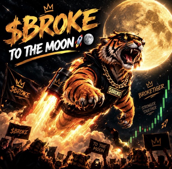 A promotional graphic for the '$BROKE' token featuring a roaring tiger wearing a gold chain and sunglasses riding a rocket toward the moon, with 'To The Moon' branding and a Broketiger mascot.