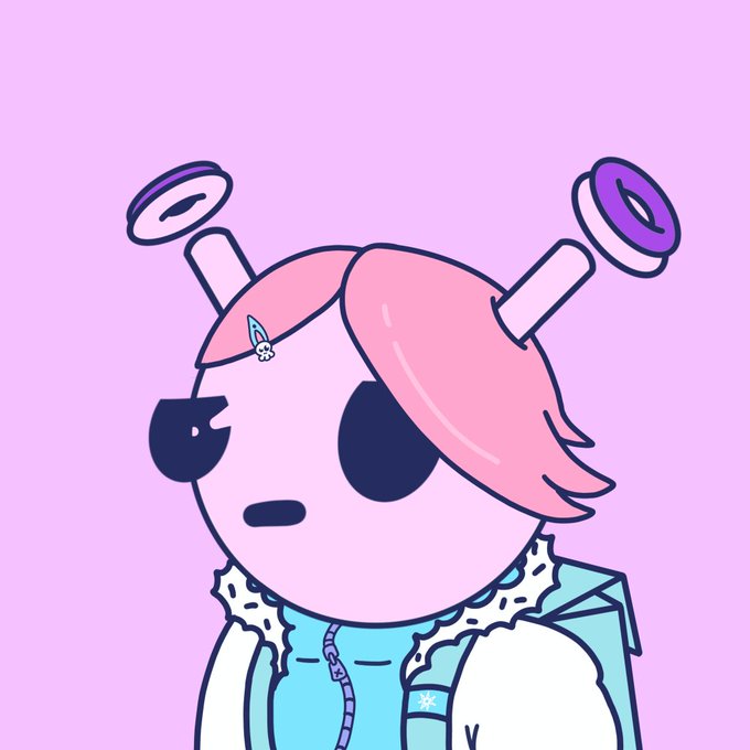 The image shows a cartoon-style character with pink hair, dark eyes, and what appear to be antenna-like accessories with purple rings, wearing a white hoodie over a blue jacket. The post's "Newest additions" caption suggests this character design is a freshly added piece to an art collection or character lineup.