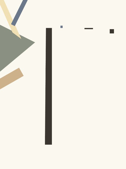 An abstract composition featuring geometric shapes including a dark gray triangle, cream and blue angled bars, a tan rectangle, and a long dark vertical bar against a beige background.