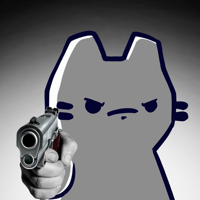 A cartoon gray character with a grumpy expression holding a realistic photo-realistic gun pointed at the viewer, against a gradient gray background.