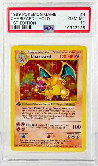 A PSA-graded 1999 Pokemon Game Charizard Holo 1st Edition card, graded GEM MT 10, encased in a protective slab with certification number 19922128.