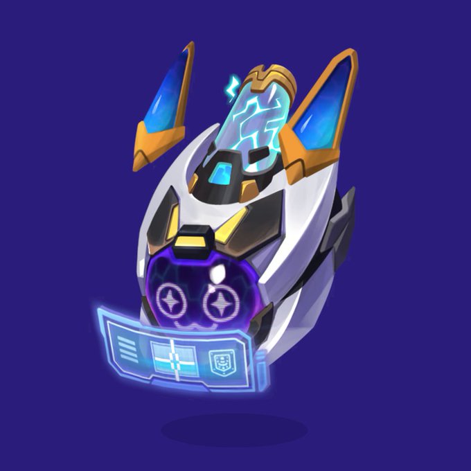 A 3D rendered image of a futuristic white and gold egg-shaped mechanical object with blue glowing crystals and a holographic display panel, set against a purple background