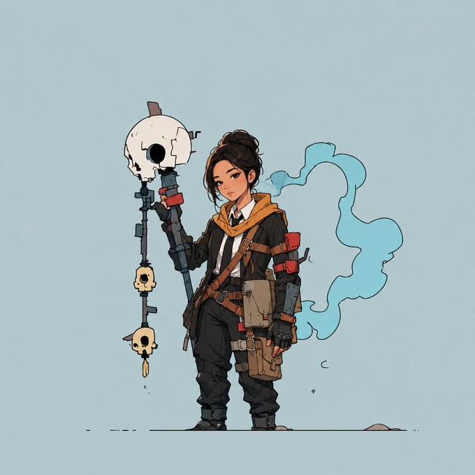 A digital illustration of a female character holding a staff topped with a skull, wearing a dark outfit with utility pouches and accompanied by a blue smoky spirit.