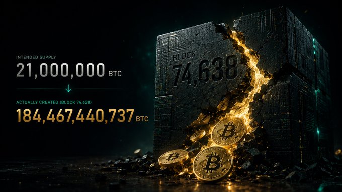 A graphic compares the intended Bitcoin supply of 21,000,000 BTC to the actually created amount of 184,467,440,737 BTC at block 74,638, shown next to a cracked stone block with gold Bitcoin coins.