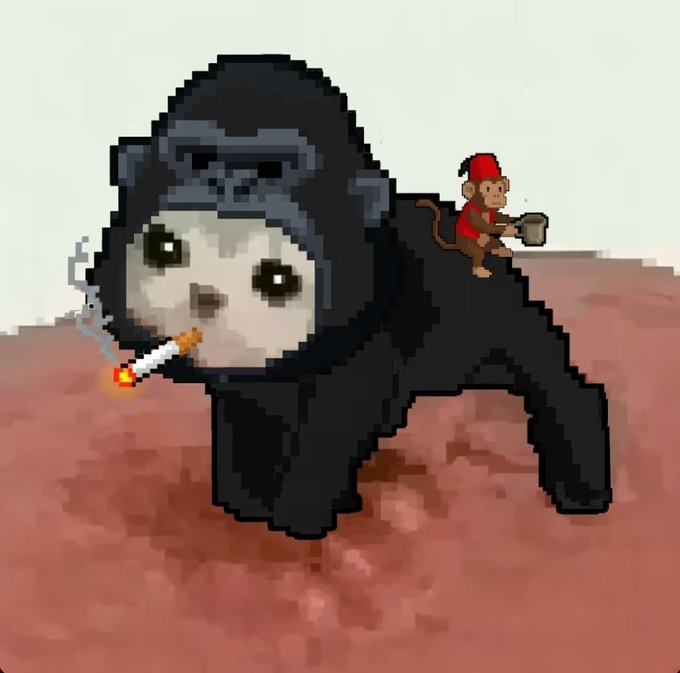 A pixel-art gorilla smoking a cigar with a tiny monkey rider holding a mug sits against a barren landscape. The whimsical image humorously accompanies a tweet announcing a "Low Quality Cats" NFT minting on OpenSea, playing into the meme-style branding of the project.