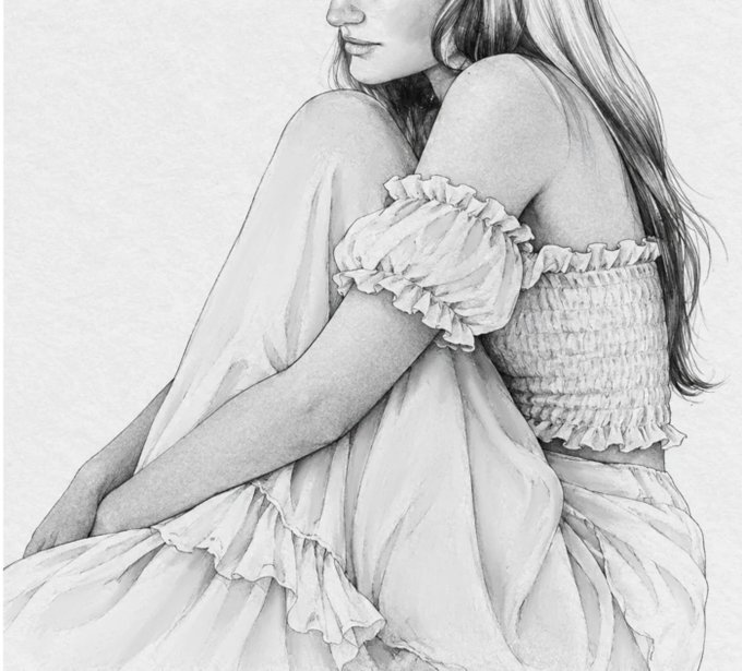 A delicate pencil drawing of a woman with long hair wearing an off-the-shoulder ruffled crop top and flowing skirt, hugging her knees to her chest.