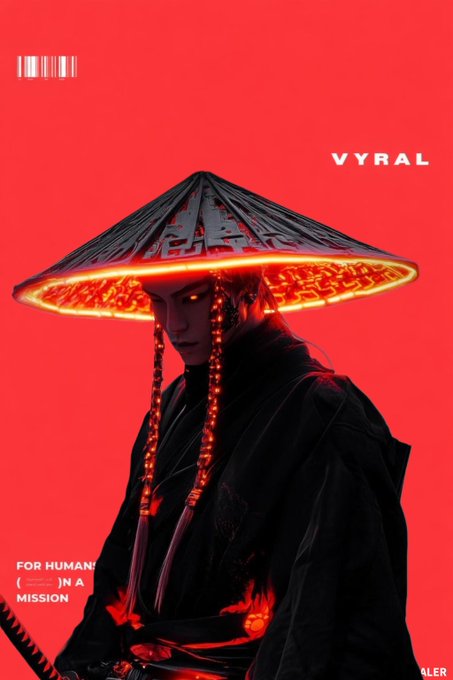 The image features a man dressed in traditional Japanese clothing, wearing a large hat with glowing lights that give him an ethereal appearance. The background of the image is red, which contrasts with the man's attire and adds a dramatic effect to the scene. The caption below the image reads "Grind rising legends Up we go with @River4fun campaign What if your assets didn't care about chains? That’s literally what @River4fun is building. Removing chain fragmentation on defi for easy and seamless bridging experience for everyone." This phrase suggests that the man's attire, combined with the red background, represents a fusion of traditional Japanese culture and modern technology or design elements.