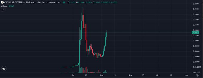 A candlestick chart for CASHCAT/WETH on Uniswap showing price action with a recent spike, currently at 0.1315, down 14.07% with a volume of 4.53M.