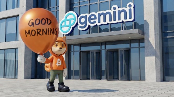 A cartoon fox mascot in an orange hoodie with a Bitcoin logo holds an orange "GOOD MORNING" balloon in front of a building displaying the Gemini logo. The image ties to $DOG by evoking a friendly, community-driven morning greeting that aligns with the token's "Built on Bitcoin, Powered by the People" branding.