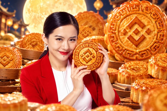 Promotional image of a smiling Asian woman in a red blazer holding a traditional mooncake, surrounded by stacks of mooncakes with a full moon and Chinese architecture in the background.