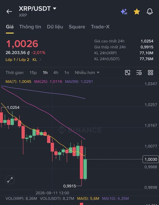 A Binance trading interface showing the XRP/USDT pair at 1.0026, down 2.01%, with candlestick chart data from 2026-08-11.