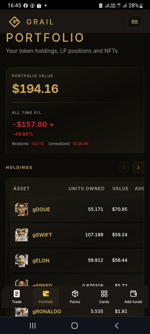 A mobile screenshot of the GRAIL app portfolio showing a total value of $194.16 and an all-time P/L of -$157.80 (-44.84%), with holdings like gDOWE, qSWIFT, and gELON.