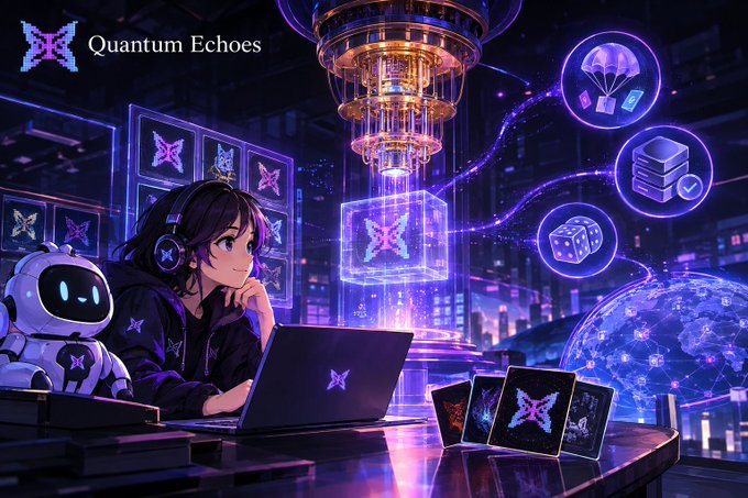 The image showcases a futuristic "Quantum Echoes" NFT scene featuring a gamer with headphones working on a laptop beside a small robot, surrounded by a glowing holographic quantum computer display, floating parachutes, dice, and NFT cards with the Quantum Echoes logo—all visually emphasizing the project's tech-driven, blockchain-based launch highlighted in the AMA recap.
