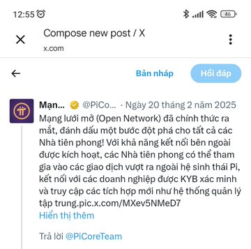 The image shows a screenshot from X (formerly Twitter) of a post by @PiCoreTeam, dated February 20, 2025, announcing that Open Network (Mainnet) has launched and inviting pioneers to welcome the Pi blockchain home, with a link to a KYC-verified account registration page (core/app/icp). This relates to the accompanying caption by explaining that the post confirms Pi's mainnet has opened, though only partially, marking a milestone for the project after the date highlighted in the pinned message.