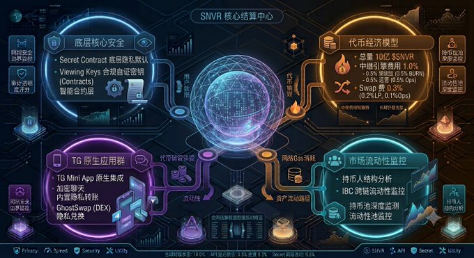 A futuristic dashboard graphic titled "SNVR 核心结算中心" (SNVR Core Settlement Center) displays six interconnected modules highlighting SNVR's key features: Secret Contract privacy, a token economy model showing 10% transaction fee distribution (0.5% Burn, 0.5% Swap), TG Mini App ecosystem, Gas consumption tracking, and market liquidity monitoring—visually reinforcing the post's analysis of SNVR's underlying architecture and real-world utility.