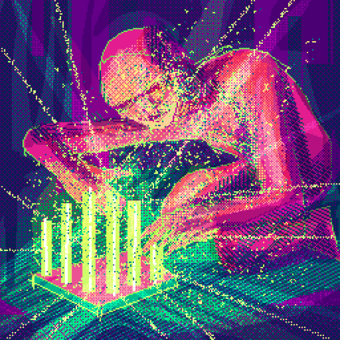 A vibrant, glitch-art style digital illustration of a woman in pink tones overlaid with bright green bar graphs and digital noise patterns.