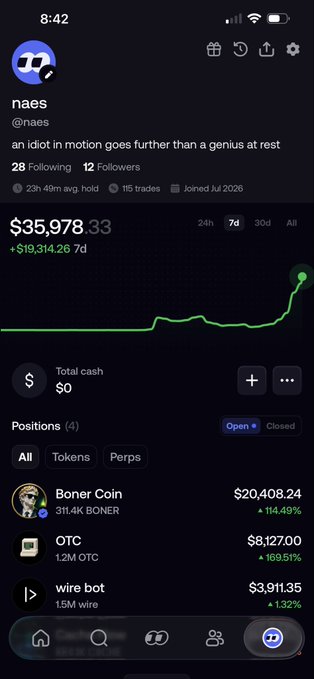 A mobile app screenshot shows a portfolio for user 'naes' with a total value of $35,978.33 (+$19,314.26 over 7 days), displaying positions in Boner Coin, OTC, and wire bot.