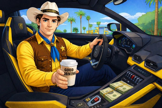 A cartoon sheriff in a yellow sports car holds a coffee cup reading "GOOD MORNING," with stacks of cash visible on the passenger seat, capturing the cheerful Sunday morning greeting.