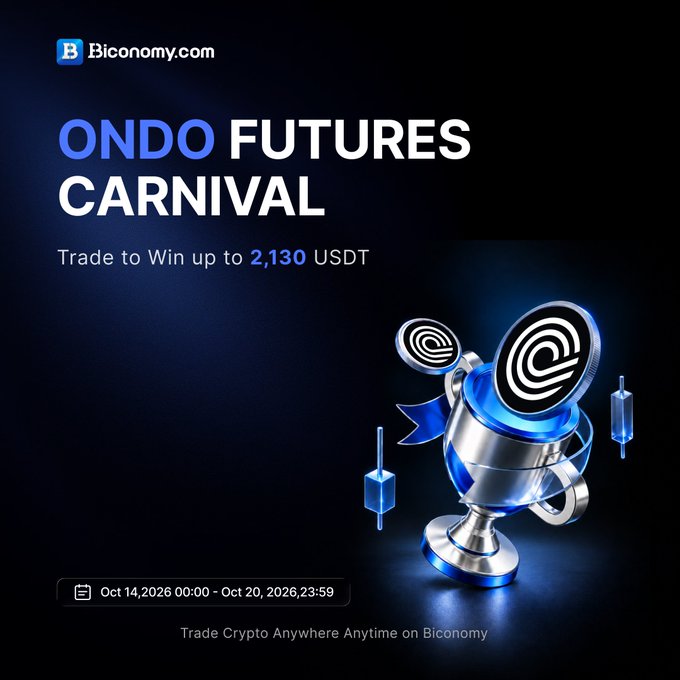 Biconomy.com promotion for the 'ONDO FUTURES CARNIVAL' trading event offering up to 2,130 USDT in prizes, running Oct 14-20, 2026.