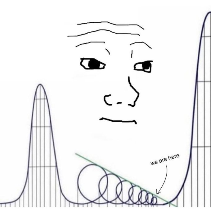 The image features a black and white line drawing of a roller coaster, with a face drawn above it. The roller coaster has two hills, one being taller than the other. Below the roller coaster, there's text that reads "We are here".