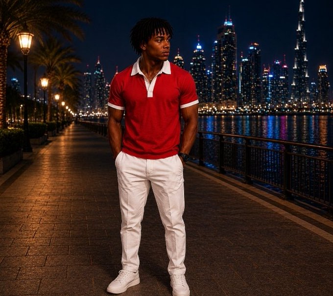 A young man with dreadlocks wearing a red polo shirt and white pants standing on a palm-tree-lined promenade at night, with the Dubai skyline illuminated across the water in the background.