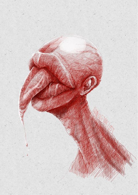A red pencil sketch on textured paper depicting a distorted head with a long, drooping, melting-like nose and the artist's signature 'HUNGNGUY.97'.