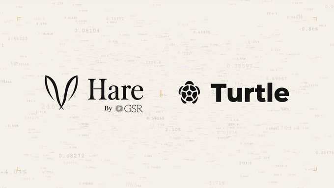 The image displays logos for "Hare by GSR" and "Turtle" side by side with a "+" symbol between them, set against a background of faded financial data and numbers, representing the new $100 million DeFi venture partnership between crypto market maker GSR and Turtle.