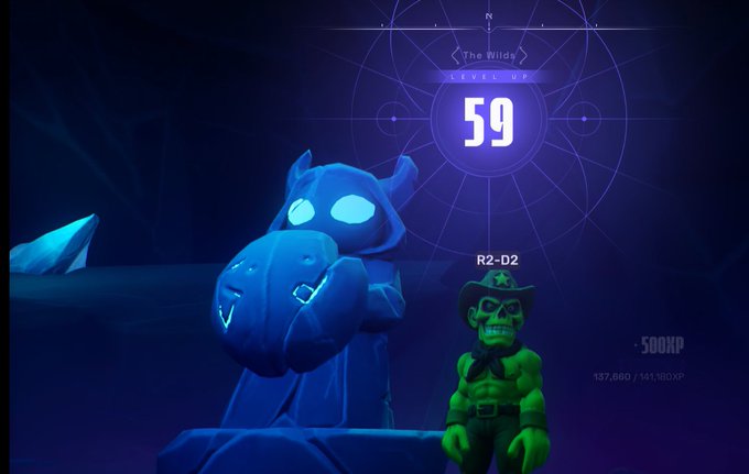 The image features a character named @OthersideMeta who has reached level 59 in a video game. The character is standing next to a blue stone statue of a dragon with horns. There is also a green monster figure nearby, possibly representing an enemy or opponent. The background shows a dark purple color and a scoreboard displaying the number 59.
