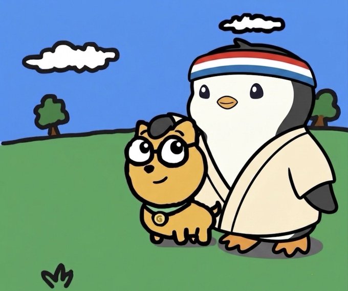 A cartoon illustration of a penguin wearing a red, white, and blue headband and robe standing next to a small tan dog with glasses in a grassy field.